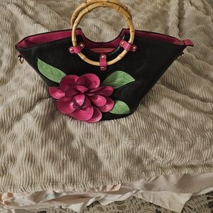 Black Tote with Hot Pink Floral Appliqué and Bamboo Handles